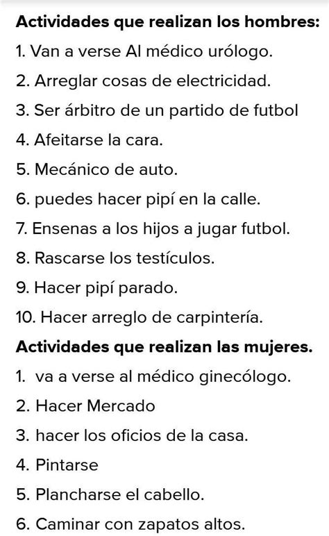 actividades de los hombres|10 actividades que solo realizan los hombres y 10 que solo las。